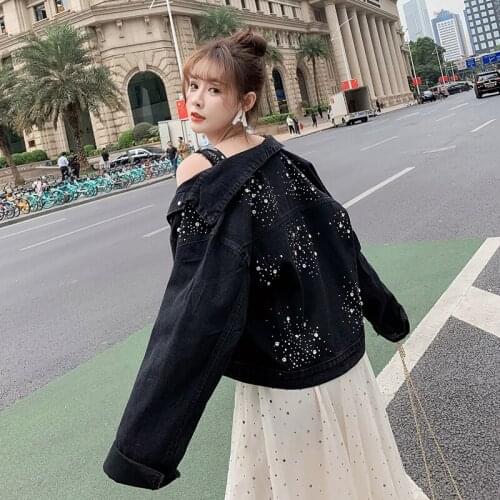 Womens Clothing Ins Black Denim Jacket Short Rhinestone Beaded 2021 Spring and Autumn New Korean Version of Loose Jacket