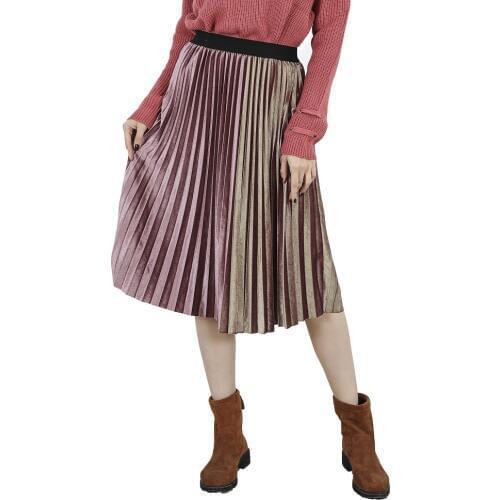 Womens Skirt Pleated Velvet Spring Autumn High Waist Ladies Patchwork Skirts For Women Velvet Pleated A Line Midi Skirt Female