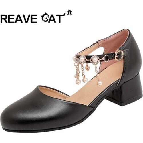 REAVE CAT New 2021 Women Pumps Round Toe 4cm Block Heels Buckle Bling Pearl Stylish Designer Big Size 32-43 Casual Date A3807