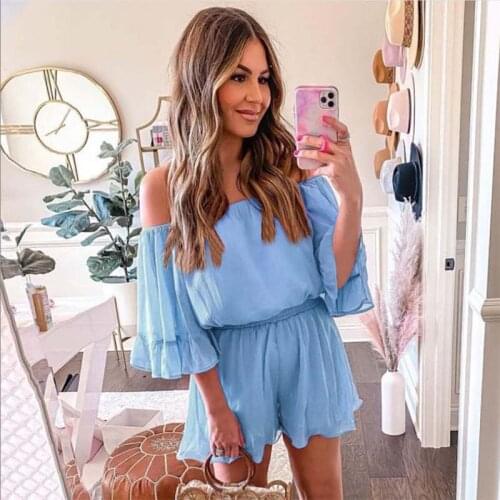 Chiffon Slash Neck Off Shoulder Solid Color Ruffle Loose Jumpsuits Women Casual Short Sleeve High Waist Streetwear Playsuit