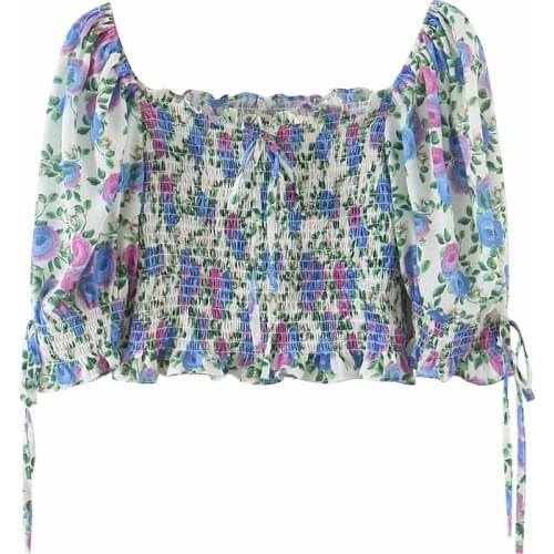 YENKYE New 2021 Women Multicolor Print Elastic Crop Top Sweet Ladies Sexy Square Neck Bow Tie Cuffs Summer Tops Chic Blusas