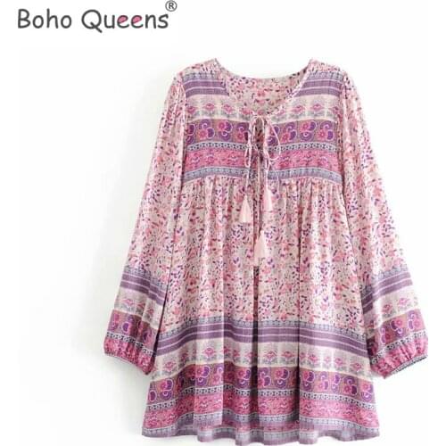 Boho Queens women ethnic pink floral print long sleeve beach Bohemian mini dresses Ladies loose tie neck rayon dress