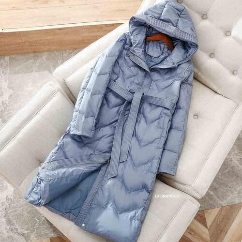 Winter Warm Thicken White Duck Down Jacket Women With Sashes Long Coat Parka Female Hooded Outerwears Plus Size