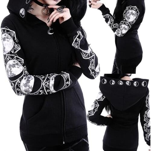 1pc Fashion Women Hooded Sweatshirt Moon Print Zipper Coat Long Sleeve Hooded Jacket Sweatshirt For Women Hooded Sweatshirt