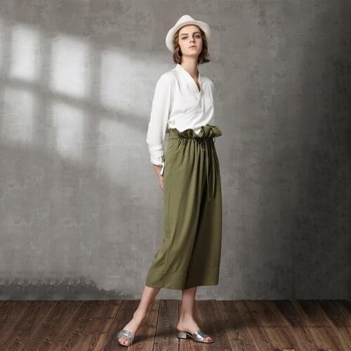 2018 New Arrival Summer Fashion Vintage High Waist Tencel Trousers Women Loose Wide Leg Pants T1806024-3