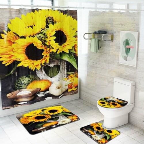 Sunflower Printed Shower Curtain Carpet 4Pcs/Set Home Bathroom Toilet Waterproof Mats Shower Partition Curtain Decoration
