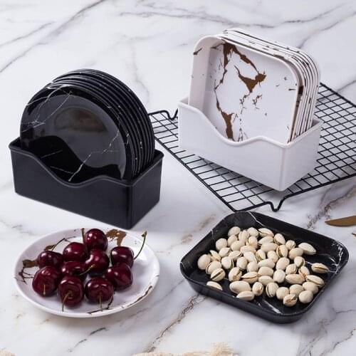 9PCS/Set Marble Pattern Round Dessert Plate Imitation Porcelain Salad Round Plate Cake Tray Kitchen Serving Dishes