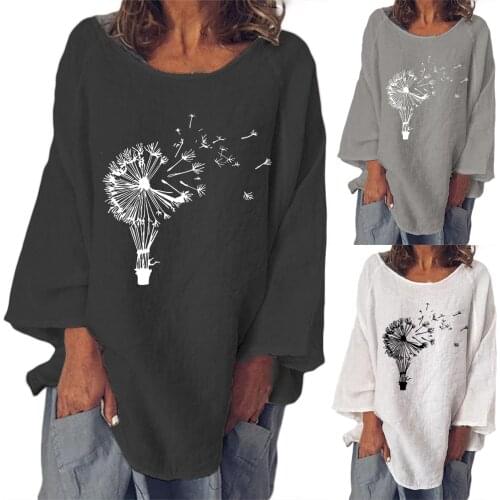 2021 Hot Sales Womens Shirt Solid Color Printed O-Neck Long Sleeve Loose Linen Simple Fashion Minimalism Top Femme Camiseta