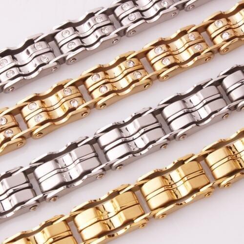 10.66mm Hot Sporty Style Stainless Steel Silver Color/Gold Crystal Bicycle Link Chain Bracelet Fashion Mens Boys Daily Jewelry