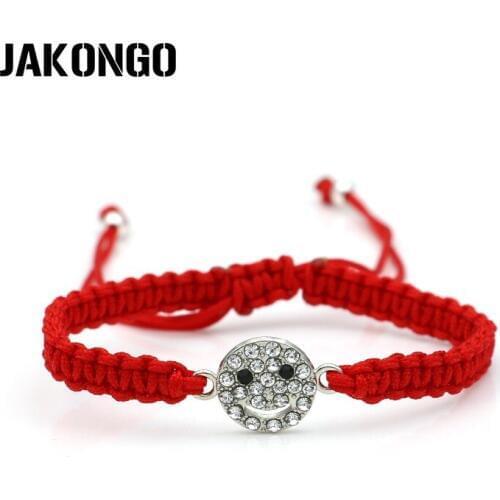 JAKONGO Crystal Smile Face Charm Bracelet Braided Red Rope Bracelet for Women Men Adjustable Handmade Bracelet