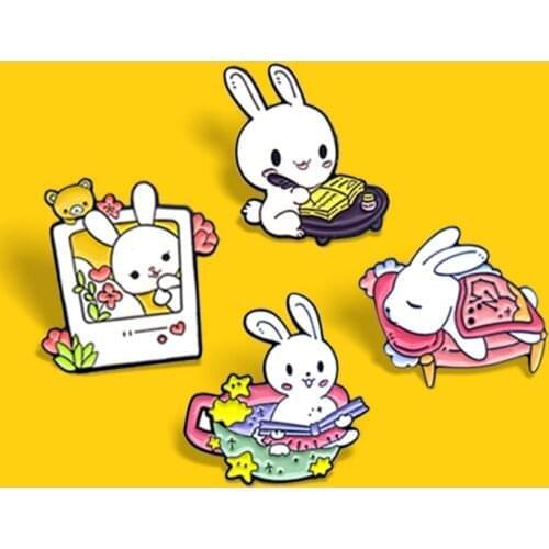 Cartoon Rabbit Enamel pin Rabbit Sleep Game Machine Brooch Bag Clothes Lapel Button Badge Animal Jewelry Gift For Friends Bijoux