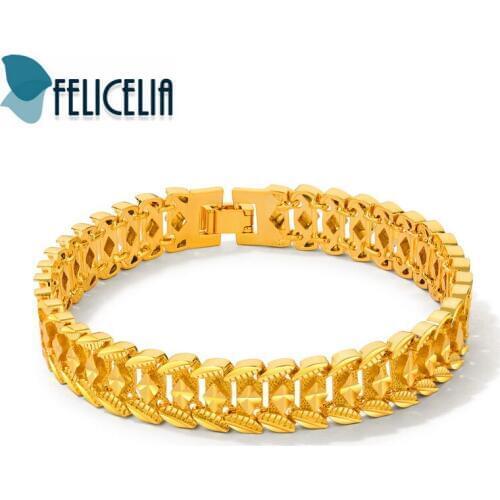 Felicelia Jewelry Mens Gold Color Bracelet Wedding Engagement Jewelry Classic Carving Wrist Chain Link Bracelet 21.5cm
