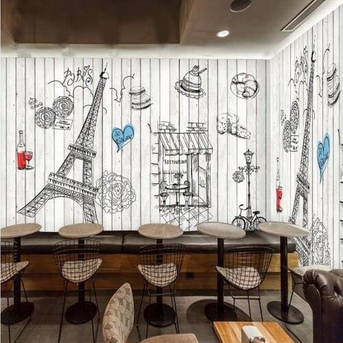 Photo wallpaper hand painted wooden mural Paris Tower wallpaper bakery backdrop restaurant kitchen fresco