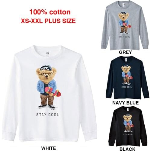BLINGPAW Spring/Autumn Teddy Bear Stay Cool Graphics Unisex Long Sleeve T-Shirt O-Neck Tops Casual 100% Cotton