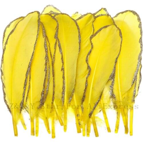 10-100 natural 15-20CM (6-8 inches) goose feather dyed yellow sprayed gold powder edge DIY craft jewelry feather