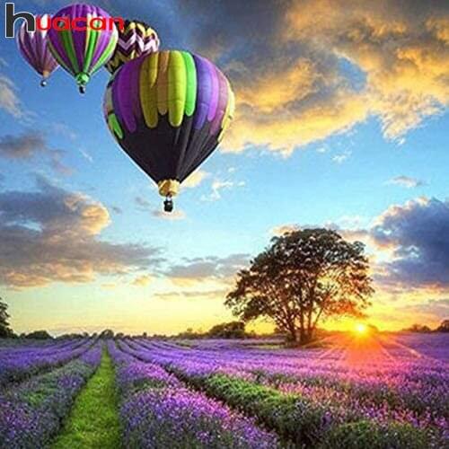 Huacan 5d Diamond Painting Sunset Scenery New Arrivals Mosaic Lavender Tree Landscape Embroidery Hot Air Balloon Home Decor