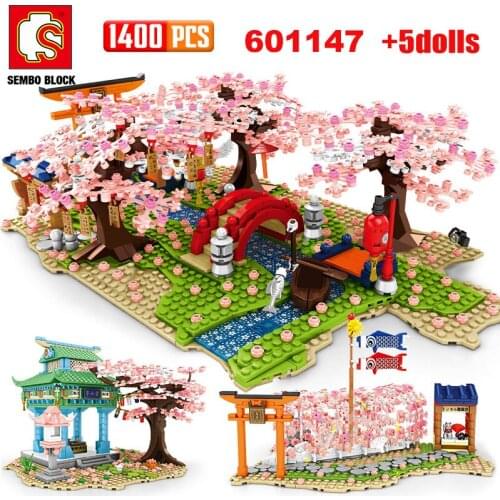 SEMBO Block Japan Street View Cherry Blossom River Girl Childrens Puzzle Assembly Assembling Building Blocks Bouquet Education
