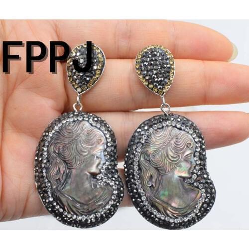 Beauty head zirocn sea shell earrings FPPJ wholesale beads carved beauty head shell