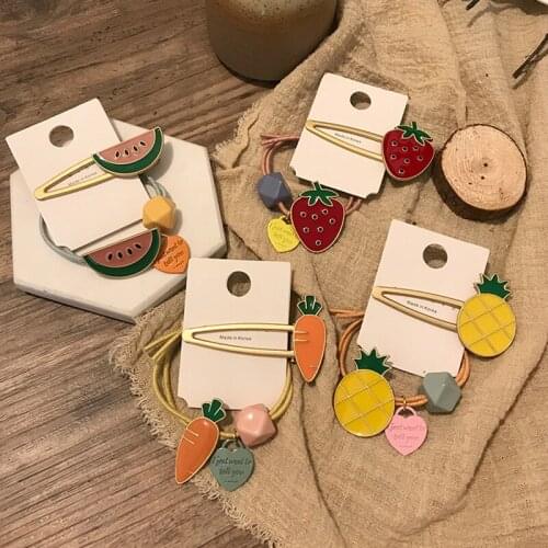 Creative Cartoon Ins Hair Accessories Female Sweet And Lovely Alloy Fruit Children Hair Clip Hair Ring Set