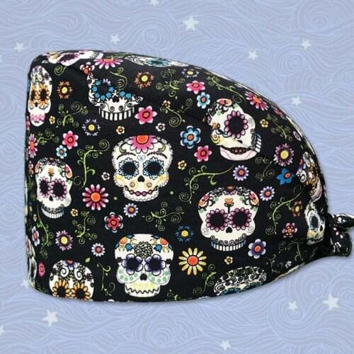 Fashion Cartoon Skull Print Cotton Female Nurse Hat Surgeon Surgery Cap Dentist Hat Beauty Salon Pet Shop Scrub Hat Chef Hat