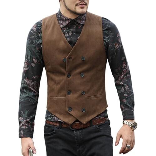 Fashion Mens Suit Vest V Neck Wool Brown Black Slim Fit Double-breasted Waistcoat Casual Formal Business Groomman For Wedding V