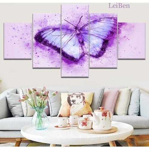 5-Piece Set Animal Print Canvas Painting Dreamy Purple Butterfly Art Poster Romantic Decoration Bedroom Modular Mural Frameless