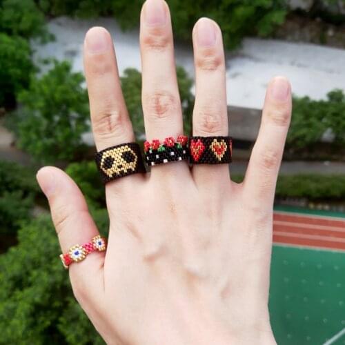 FAIRYWOO Ethnic Heart Punk Kolye Skeleton Black Red Flower Cute Coloful Heart Ring Set Woman Men Handmade Ring Holiday Gifts
