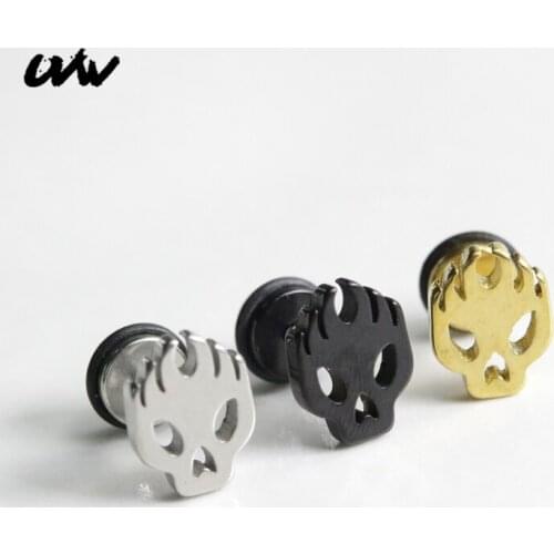 UVW080 2pc Punk Unisex Skull Stud Earrings Set Stainless Steel Mens Earrings Silver Black Gold Color Mujer Moda Accessories
