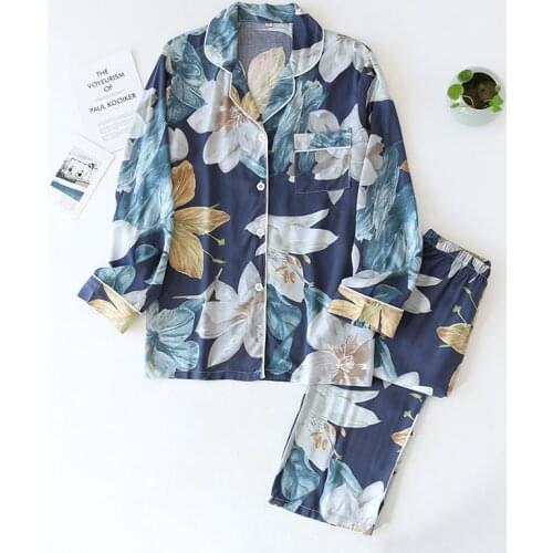 New Chinese Style Womens Printed Floral Pajamas Spring Cotton Long-sleeved Trousers Pyjamas Set Ladies Sleepwear Home Colthes