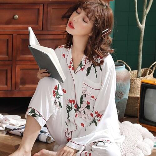 Spring and Summer Lapel Printed Pajamas Suit Women Long-sleeved Cotton Silk Simple Cute Cardigan Large Size Viscose Home Service