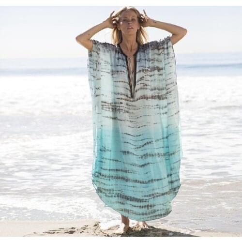 Semi Sheer Summer Chiffon Kaftan Women Loose Maxi Dress Blue WaterWave Print Caftan Resortwear Modern Abaya Long Robe Chic Tunic