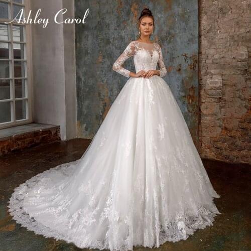 Ashley Carol A-Line Wedding Dress 2021 Elegant Scoop Long Sleeve Appliques Lace Up Button Princess Bridal Gown Vestido De Noiva