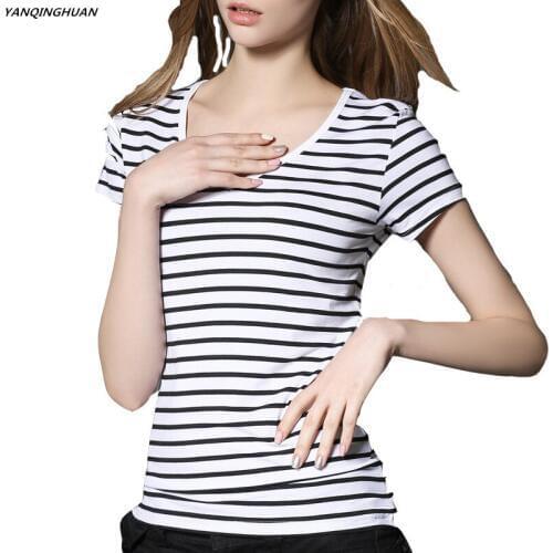 Yan Qing Huan2018 Summer Slim Casual Stripe Harajuku Short Sleeve Womens T-shirt High-quality Modal Ladies Tops Fashion T-shirt