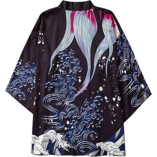 Japanese Cardigan Samurai Kimono Blouse Haori Obi Clothing Jacket Women Black Waves Kimono Shirt Streetwear Yukata Men Top 2021