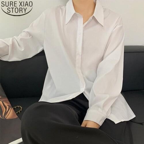 2021 Autumn New Long Sleeve Office Shirt Cotton Solid White Blouse Women Tops Loose Clothes Button Turn-down Collar Shirt 17201