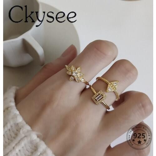 Ckysee New Jewelry 925 Sterling Silver Zircon Flower Geometric Rings Gold For Woman French Style Simple Wild Elegant Female Ring