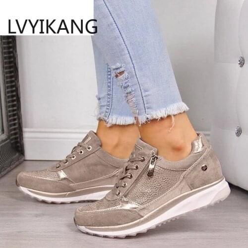 Women Sneakers Ladies Elastic Thicken Heel Running Shoes zipper Leather Platform Trainers Tenis Feminino 2020 Zapatos De Mujer