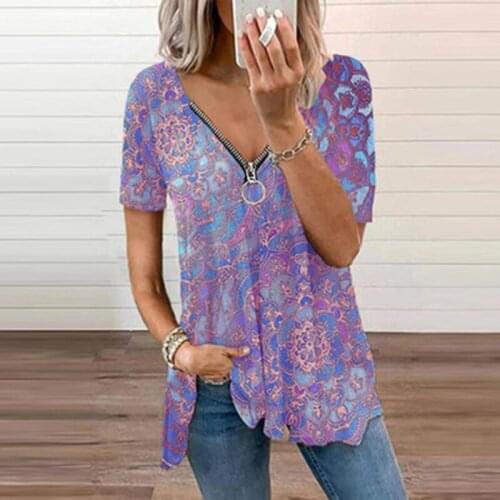 5XL Oversized Ladies Tops Women Plus Size Zipper 3D Print T Shirt Loose V-Neck Short Sleeve Casual Tee Top Summer New Streetwear