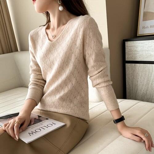 2021 Fall/Winter New Ladies Pullover Casual Pure Color V-neck Cashmere Sweater 100% Wool Hollow Sweater Ladies Top XXL