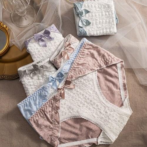 Women Cotton Underwear Sexy Lace Panties Japanese Contrast Color Comfort Briefs Mid Waist Seamless Bow Underpants Sexy Lingerie