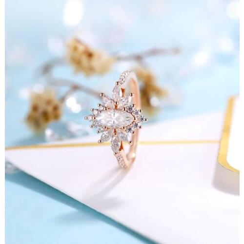 14K Solid Rose Gold Marquise Cut Moissanite Unique Halo Engagement Ring for Women Promise Ring