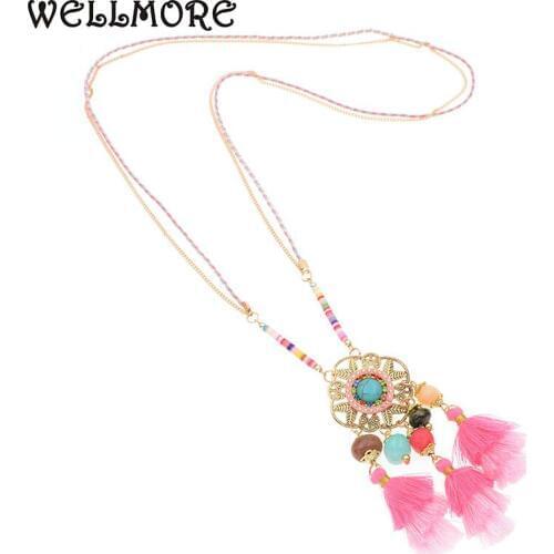 Wellmore 2018 Colorful Bohemian Tassel Statement Necklace Stone Rope chain pendant necklaces for women jewelry wholesale