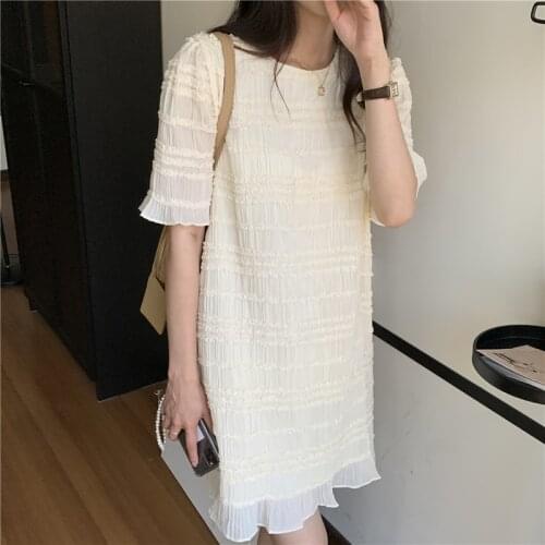 2021 Summer Loose Mini Dress Women Chiffon Dress Lace Ruffle O-neck Dresses for Women Solid Flare Sleeve Wavy Edge Vestido 15190
