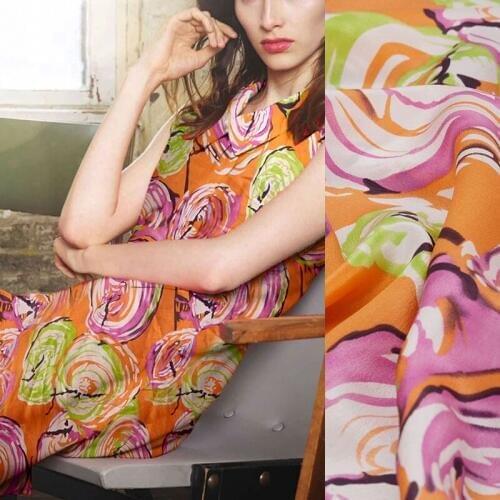 110CM Wide 12MM Orange Print Silk Crepe de Chine Fabric for Summer Dress Shirt Scarf Cheongsam Skirt Pants Suit C026
