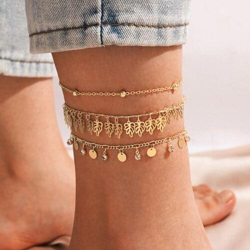 3 Pcs/Set Gold Color Metal Leaf Fringed Ankle Bracelet Woman Bracelet on the leg Summer Anklet Jewelry Foot Bracelet Women New
