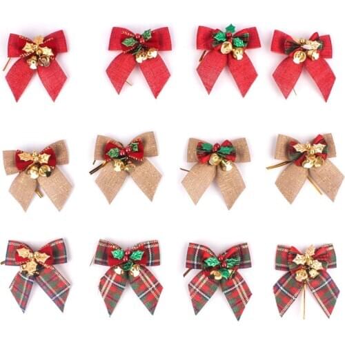5Pcs 8x8cm Christmas Bow Tie Delicate Bowknot With Small Bells DIY Bows Craft Christmas Tree Decoration Christmas Gift Bow