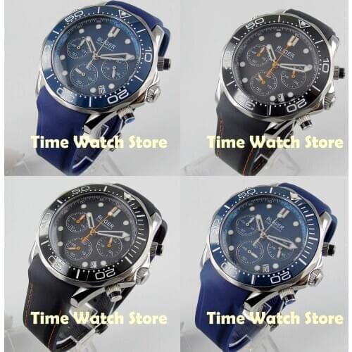 Bliger 41mm blue Quartz stop mens watch full chronograph 24 hours minute sapphire glass date display ceramic bezel waterproof 1