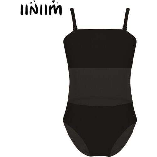 Iiniim Kids Teen Shoulder Straps Mesh Splice Camisole Dance Class Gymnastics Leotard for Girls Ballet Dancewear Bodysuit