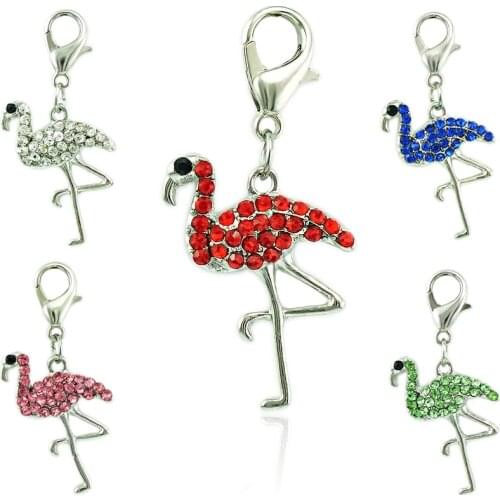 JINGLANG 50pieces/Lot Fashion Animals Lobster Clasp Charms Dangle Rhinestone Flamingo Charms For Jewelry Making DIY Accessories