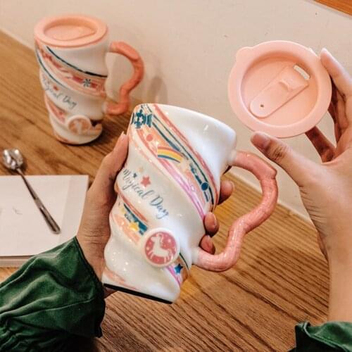 500ml Creative Ceramic Mark Coffee Cup Large Capacity Spoon With Lid Couple Water Cup Home Breakfast Milk Cup Cute Child Gift
